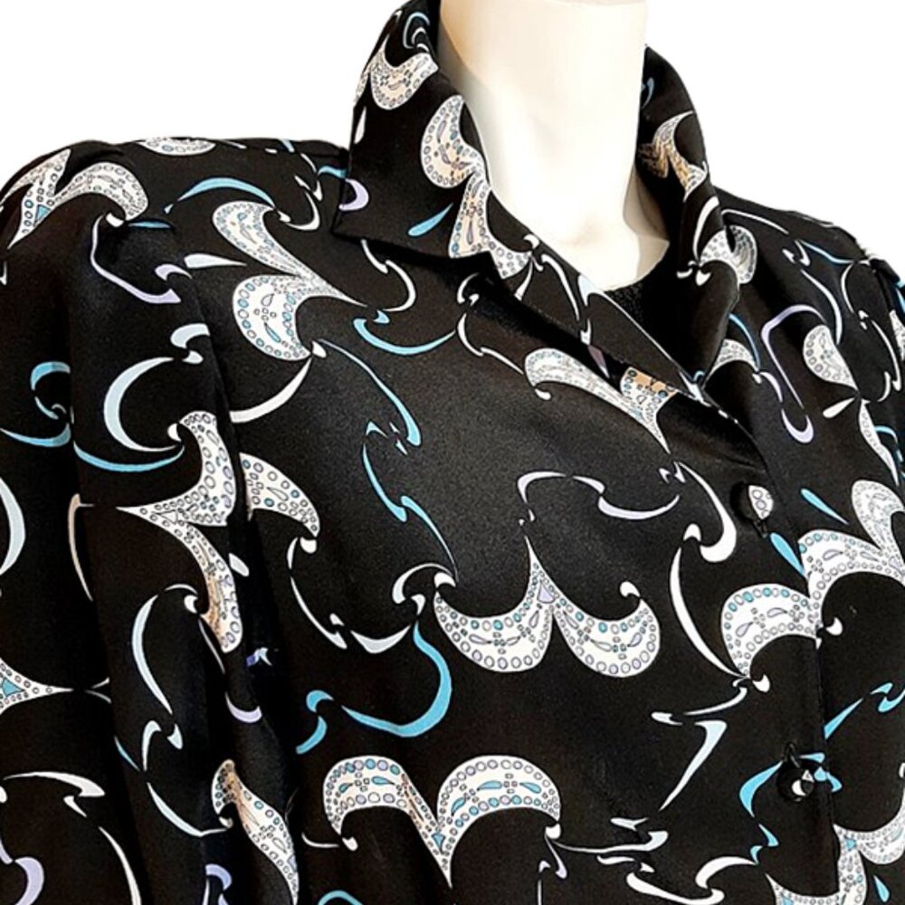 1980s 90s Vintage Black Print Silk Designer Tunic Oversized Blouse Emilio Pucci - Picture 3 of 7